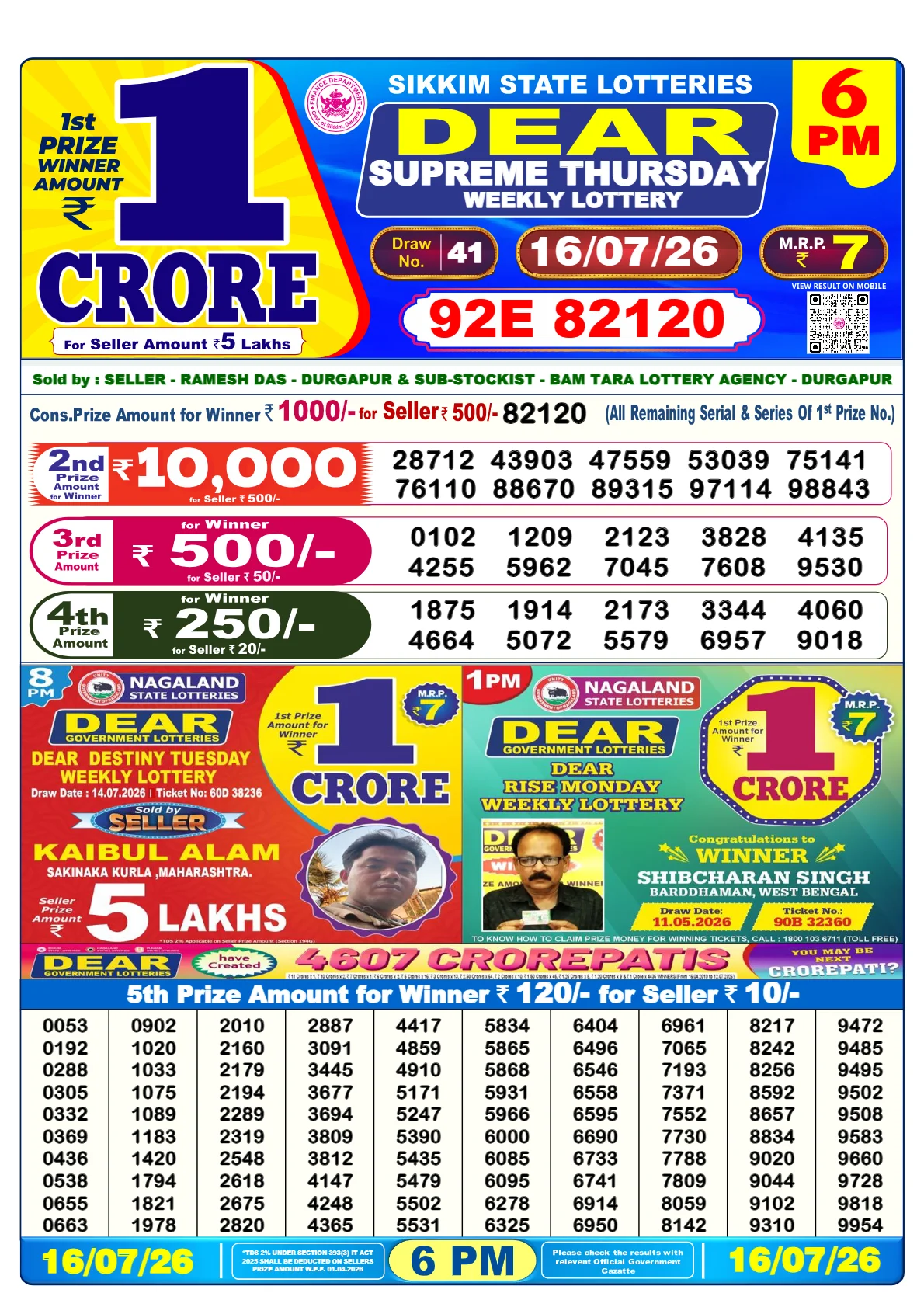 Nagaland Lottery Result 16-07-2026 6pm