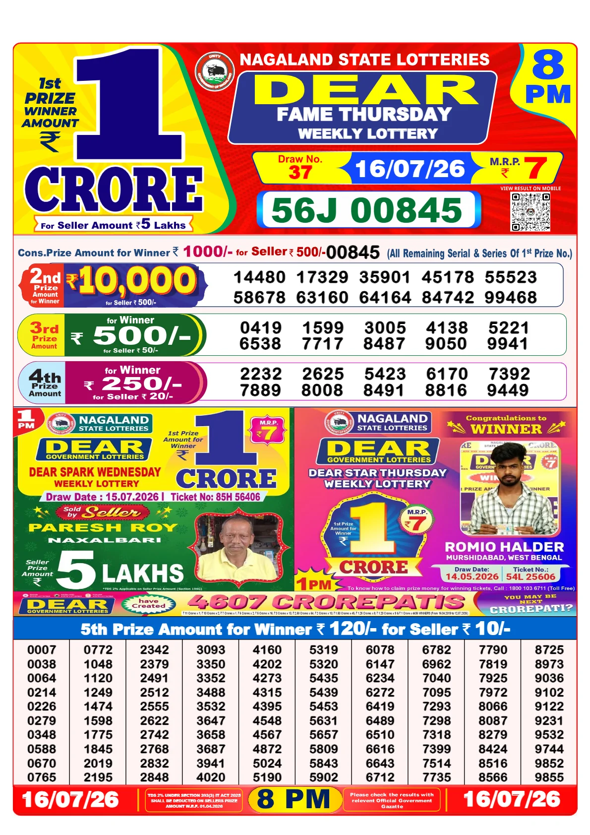 Nagaland Lottery Result 16-07-2026 8pm