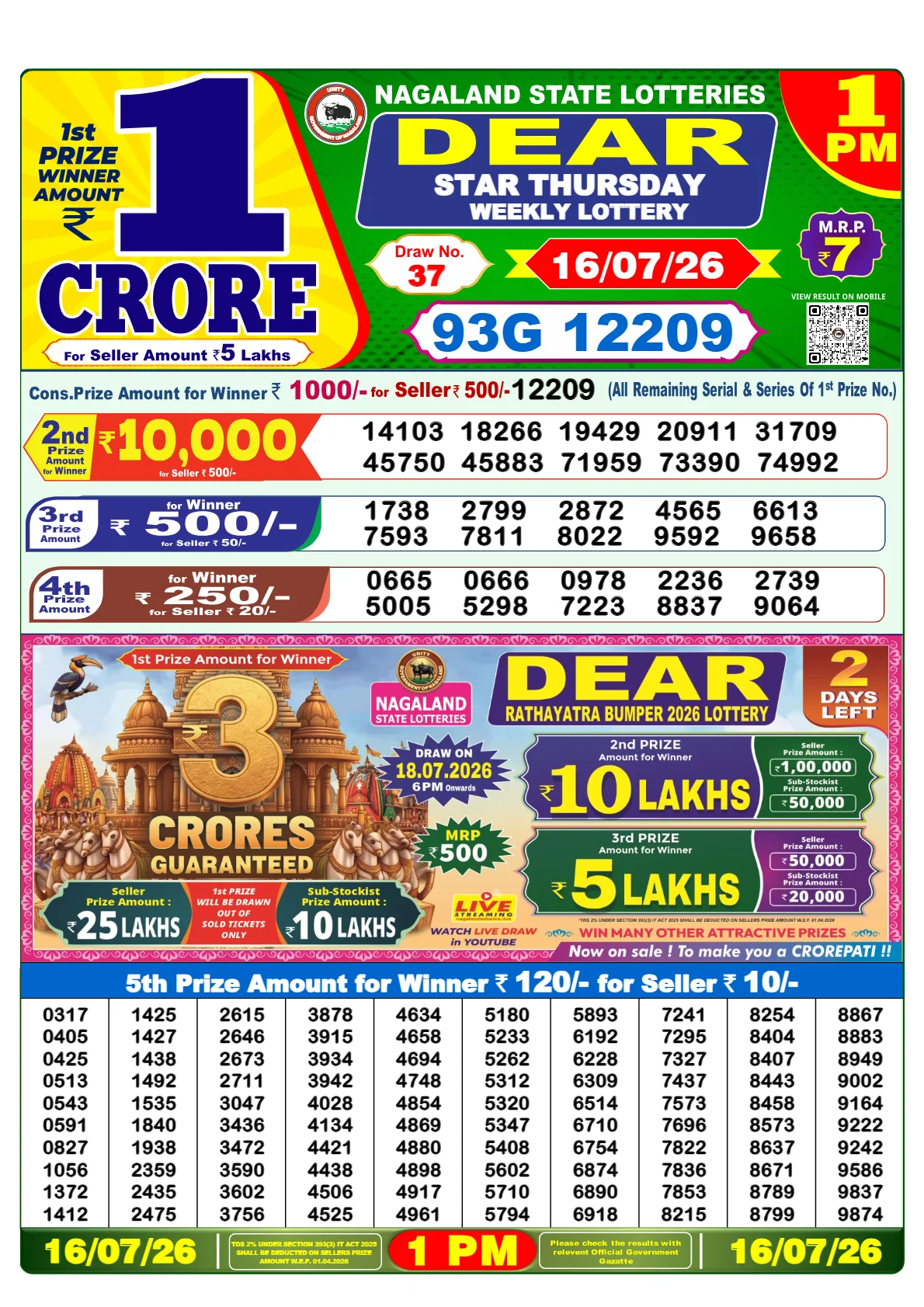 Nagaland Lottery Result 16-07-2026 1pm